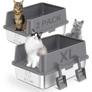 2PACK Stainless Steel Cat Litter Box with High Sides Lid, Extra Large XL Litter Box for Big Cats, Metal Kitty Litter Boxes with Anti-Leakage Enclosure,Non-Stick,Odorless,Scoop Included