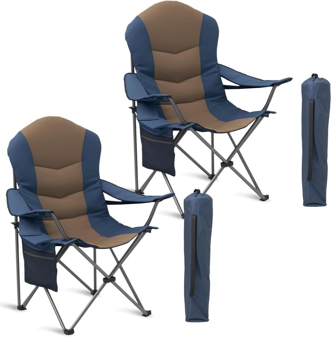2 Pack Folding Camping Chairs for Adults - High Back Padded Outdoor Lawn Chairs with Lumbar Support & Cup Holder, 400lbs Heavy Duty Portable Camping Chairs Set (Light Blue & Brown, 2 PCS)