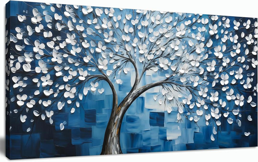 SSNEEKNDG Blue Tree of Life Wall Art for Bedroom White Flower Tree Large Artwork for Living Room Office Kitchen Modern Aesthetic Pictures Canvas Prints 20"x40"
