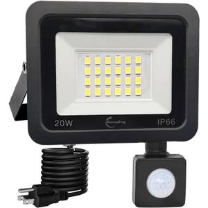 HANNANHONG Motion Sensor Flood Lights with Plug in, PIR Slim Design, 6500K Daylight, Outdoor IP66 Waterproof,Auto ON/Off Intelligent Security,Work Light for Garage Yard Patio Pathway Porch (20W)