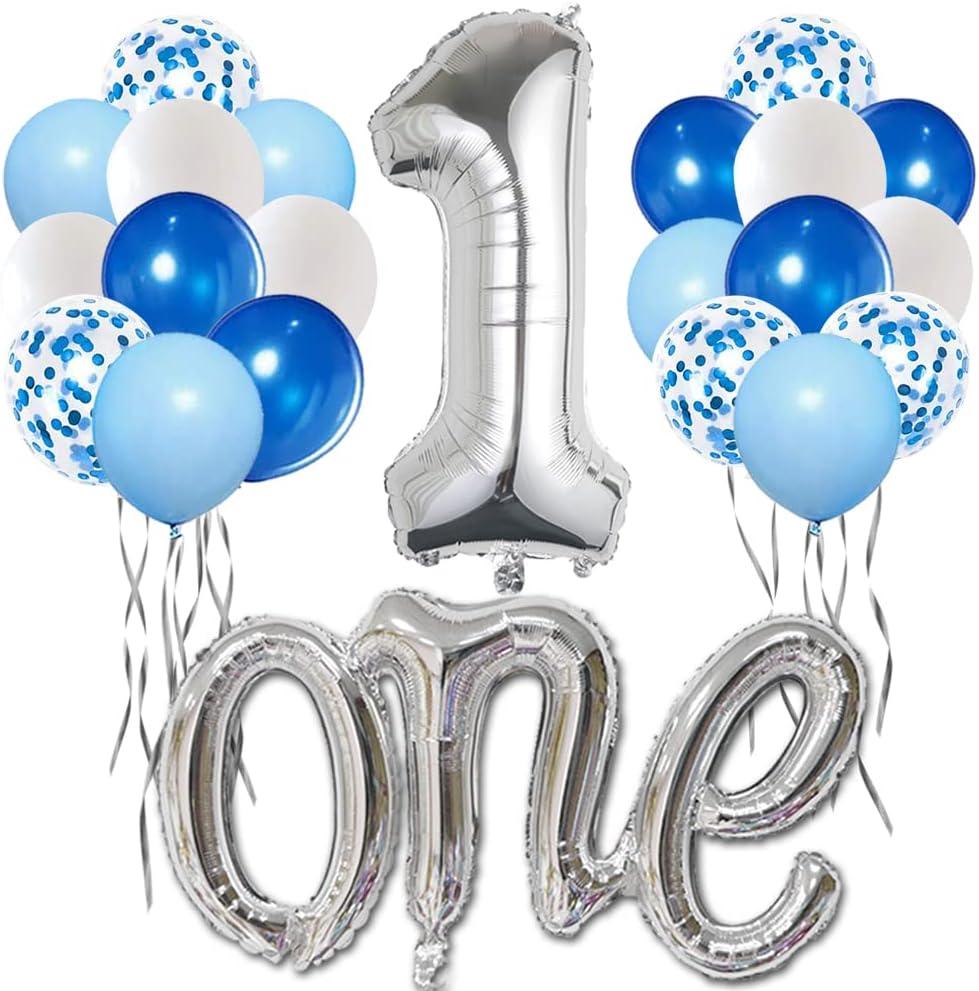 Silver One Balloon for First Birthday 22pcs, Number 1 Balloon, 40 Inch Silver One Balloon with Blue White Balloons for First Birthday, Boy 1st Birthday Balloons, Large Big Silver 1 Balloon