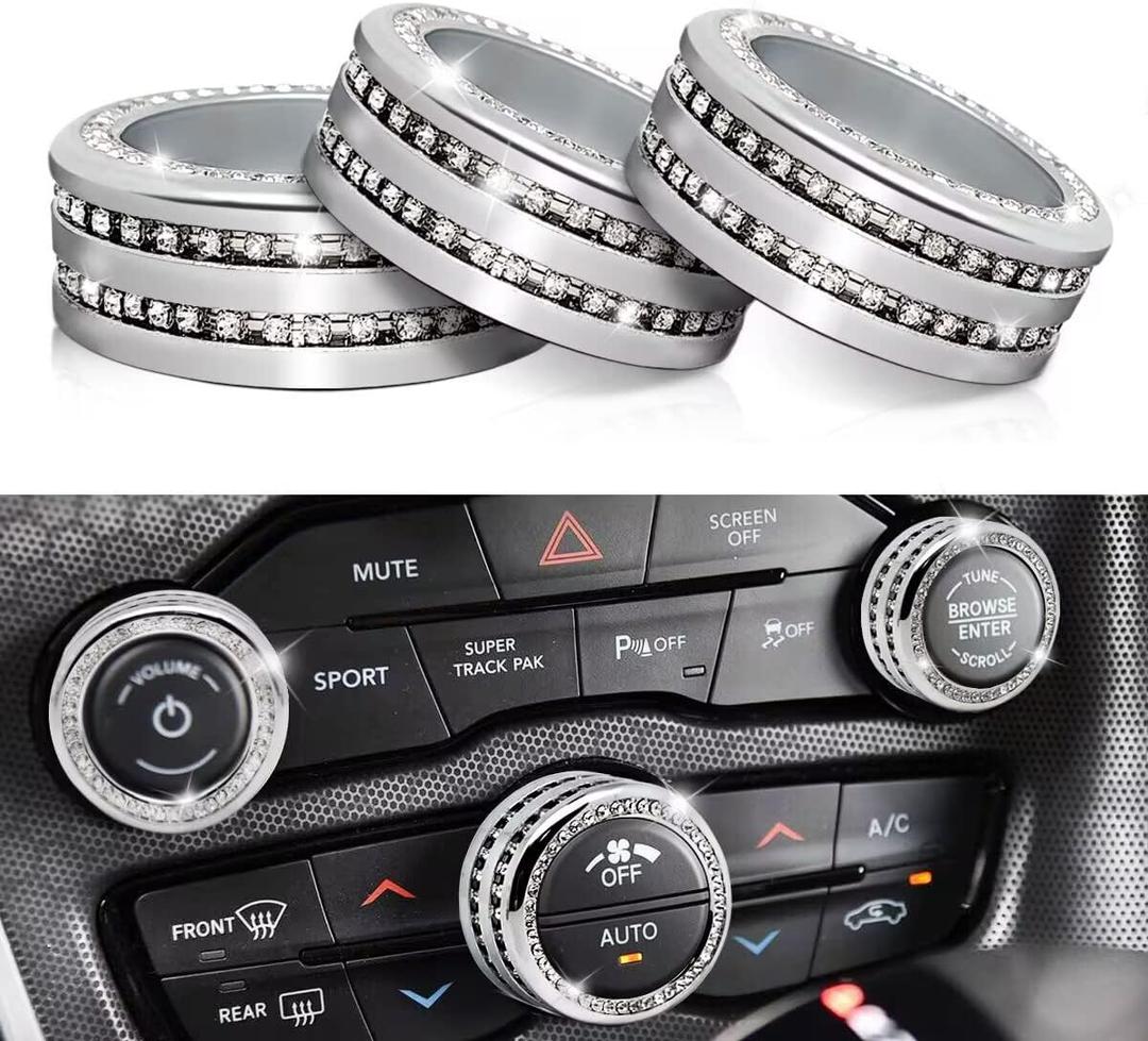 Auprite Climate Control Knob Covers for Challenger Accessories 2015-2023 2024, for Dodge Charger 2015-2023 2024, for Dodge Chrysler 300/300s 2015-2024,3Pcs Kit (Bling Silver)