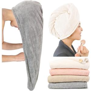 Extra Large 4 Pack Microfiber Hair Towel Wrap for Women Super Absorbent & Quick Dry Hair Drying Towels with Button, Hair Turbans for Curly Hair Long & Short Hair - Anti-Frizz (Beige, Pink, Gray, Khaki)