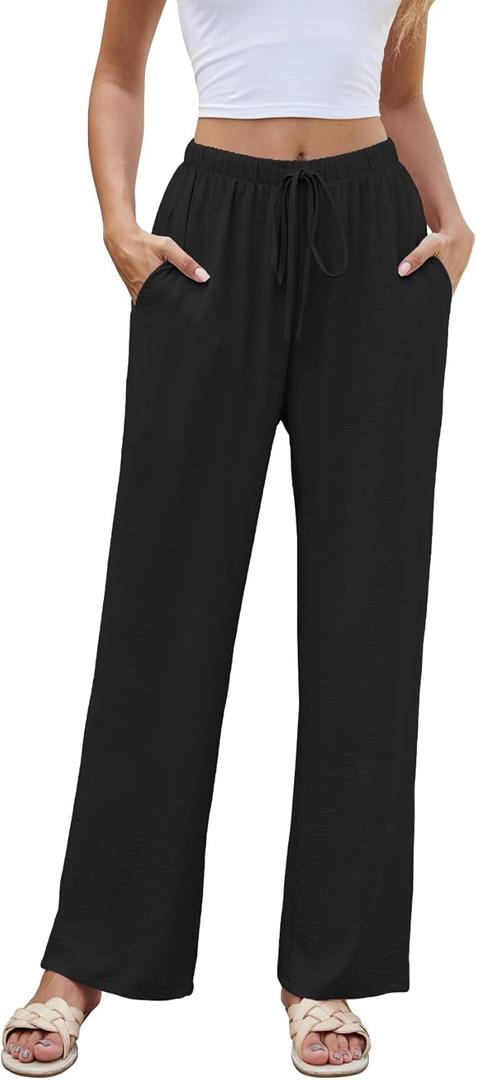 NILOUFO Women Summer Casual High Waist Wide Leg Pants Fashion Lightweight Flowy Boho Beach Trousers with Pockets (Small, Black)