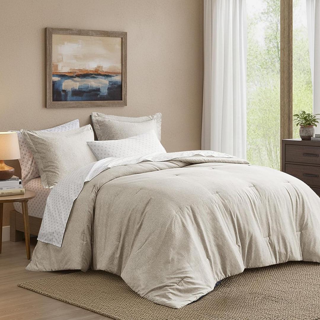 Queen Size Comforter Set, Lightweight 7 Pieces Neutral Bed in a Bag All Season Chambray Print Bedding Set Ultra Soft Comforter, Farmhouse Sheets, Pillowcase & Sham