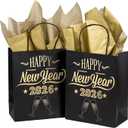 WRAPAHOLIC Medium Size Gift Bags - 12 Pack Happy New Year 2026 Black and Gold Foil Paper Bags for New Year Celebrating, Party - 8" x 4" x 10"