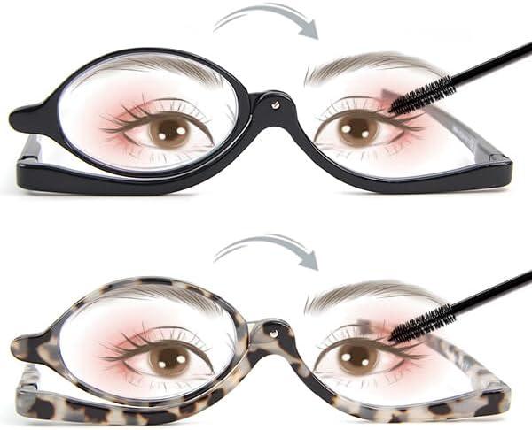 2 Pairs Makeup Reading Glasses for Women, Magnifying Flip Down Cosmetic Readers, Make Up Glasses with Spring Hinge (Black & Demi)
