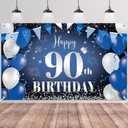 Happy 90th Birthday Banner for Men, Navy Blue Black Silver Happy 90 Years Decorations Fabric Backdrop, 180110cm Photo Background Signs for Men's 90th Birthday Party Decor