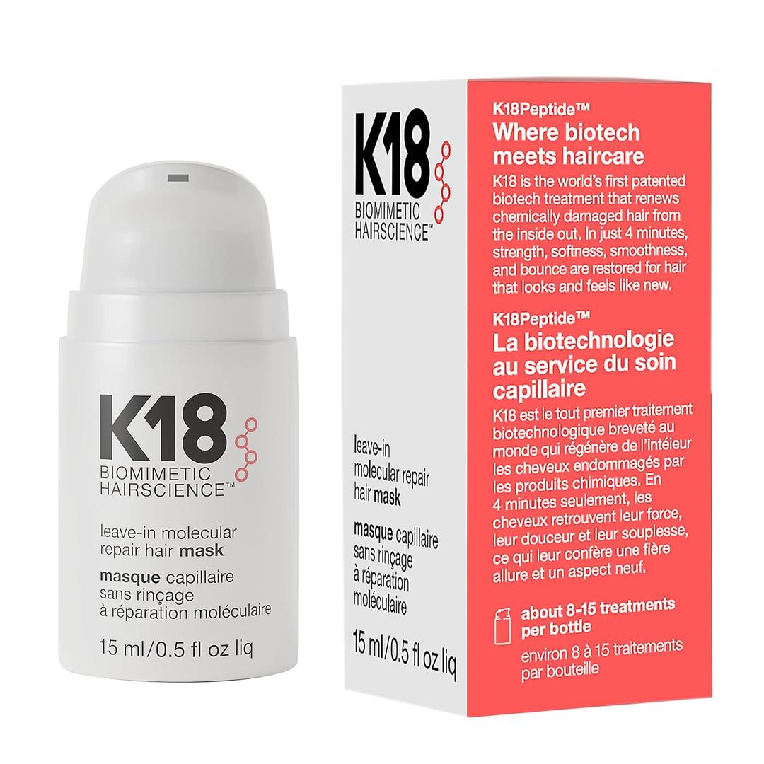 K18 Leave-In Molecular Repair Hair Mask, Patented, Lasting Repair For Dry, Frizzy, Damaged Hair, Reverse Damage In 4 Minutes From Bleach, Color, Chemical Services + Heat (0.51 Fl Oz (Pack of 1))