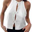 LOFAAC Women Y2K Bow Tie Hollow Out Halter Crop Top Coquette Slim Fit Sleeveless Backless Peplum Going Out Crop Tank Top (Small)