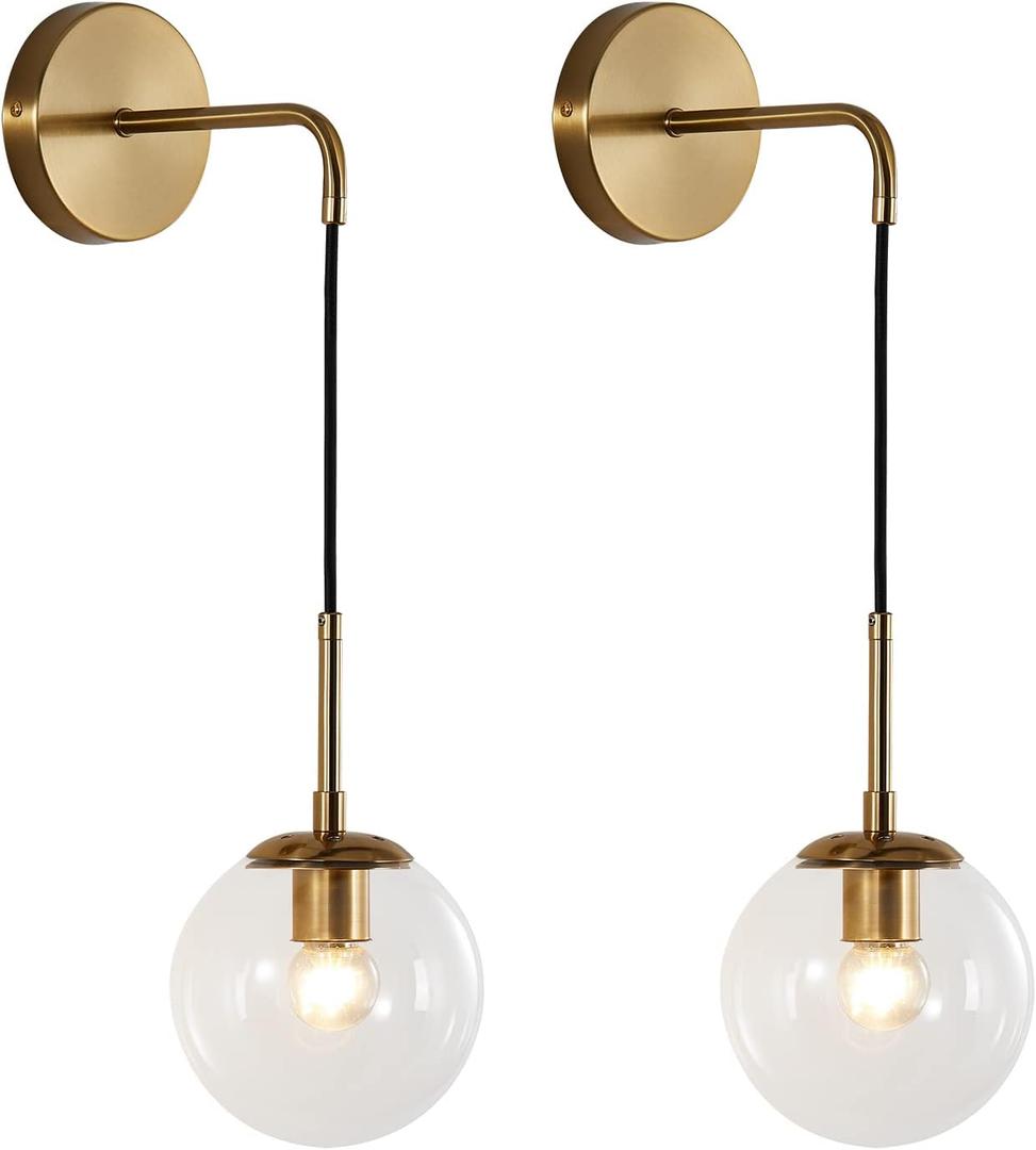 KCO Modern Glass Globe Wall Sconce Set of Two Minimalist Gold Wall Light Fixture with Adjustable Cord Brass Round Glass Wall Mounted Reading Lamp (Clear-2PC)
