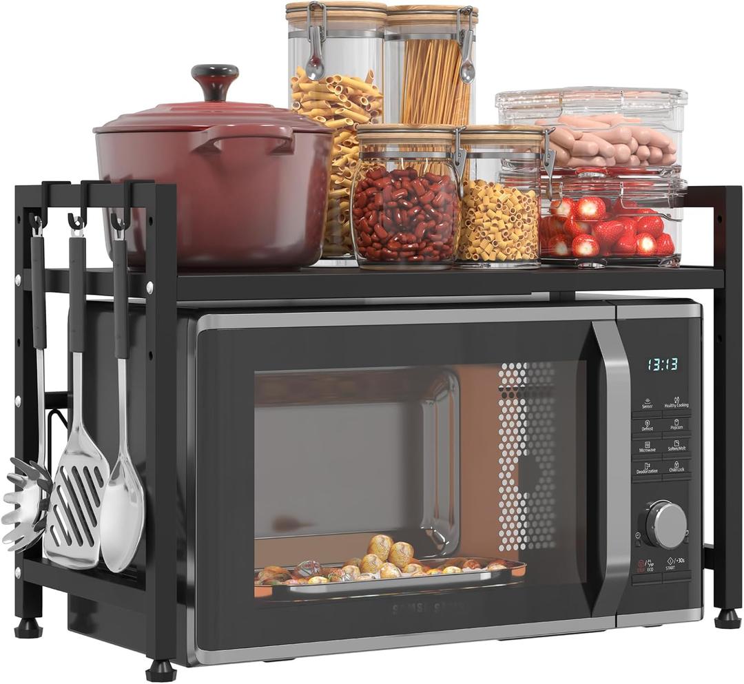 Extendable Microwave Oven Stand, Adjustable Microwave rack Toaster Shelf, Heavy Duty Rack 2 Tier Kitchen Counter Top Organizer with 6 Hooks for Kitchen (Black)