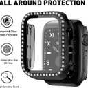 Mosonio Compatible for Apple Watch Band 40mm with Screen Protectors Case Women, Jewelry Bracelet Metal Bands with 2-Pack Bling Case Cover for 40mm iWatch Series SE 6 5 4(Black Link with Black Leather)