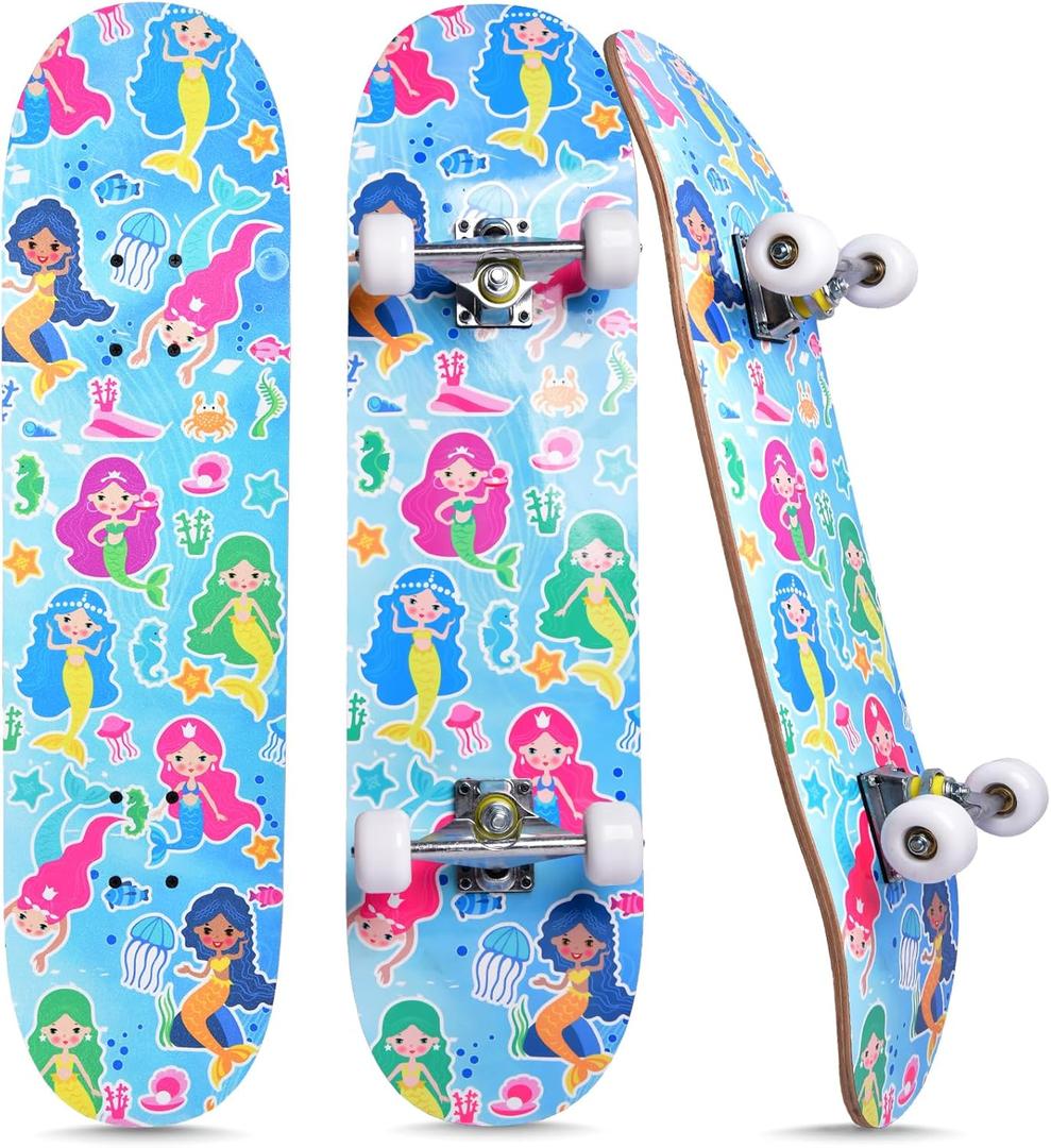 Skateboards for Beginners Kids Boys Girls and Adults,31''x8'', 7-Layer Maple, Double Kick Concave, Fascinating Cool, Solid & Durable (Colorful Mermaid)