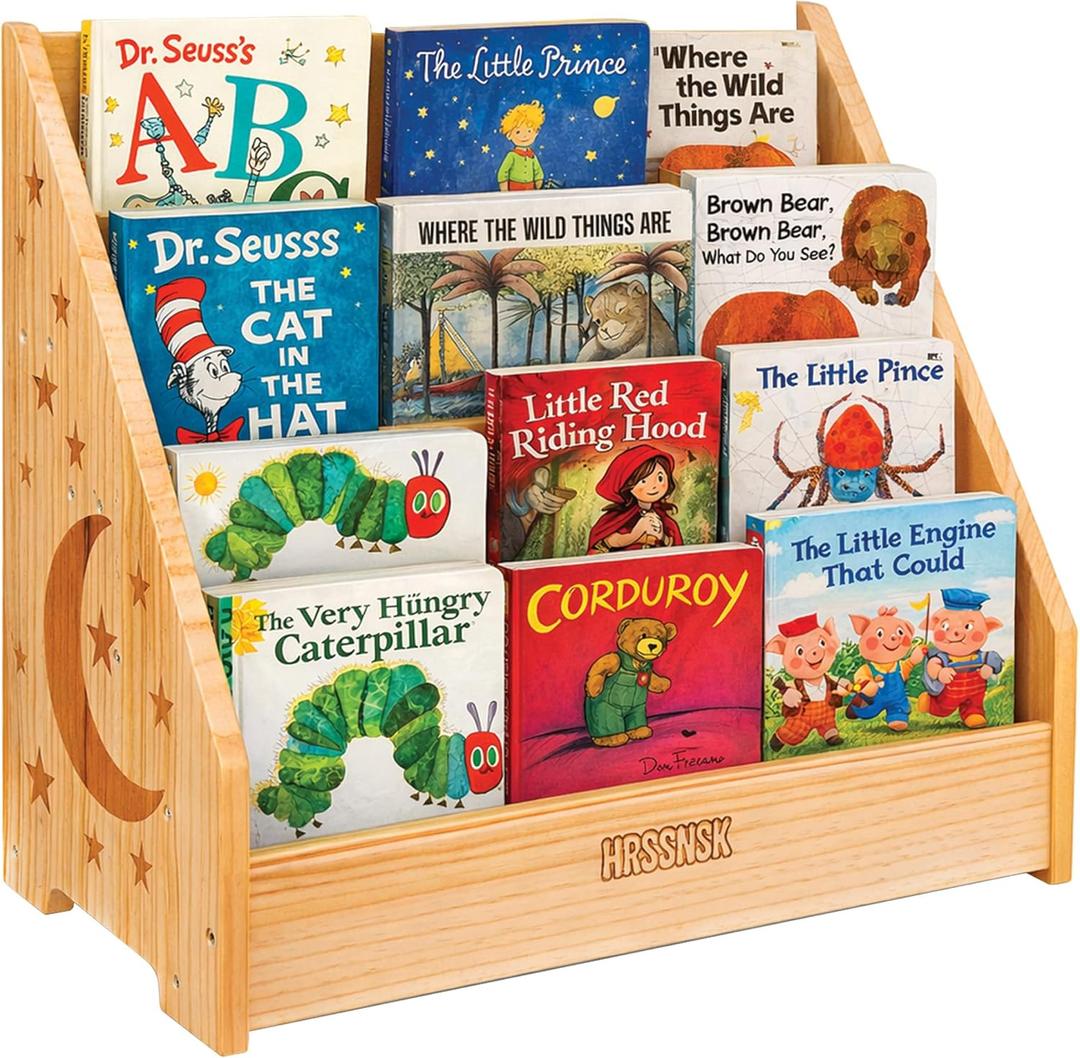 Montessori Baby Bookshelf, Natural Pinewood Front Facing Nursery Bookshelf, Small Kids Bookcase Book Organizer for Toddlers, 16.5 Inch Wide