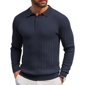 PRIVIMIX Mens Knit Polo Shirts Long Sleeve Fashion Textured Polo Sweater Stretchy Pullover Sweaters for Men Casual Golf Shirt Grey-3XL
