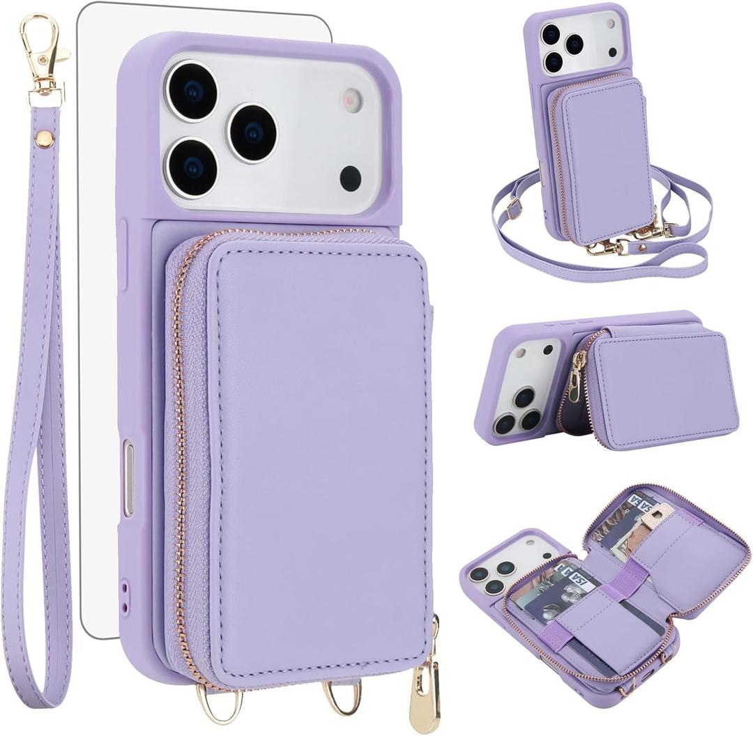 Phone Case for iPhone 17 Pro Max 6.9 inch Wallet Cell Cover with Tempered Glass Screen Protector Wrist Crossbody Strap RFID Blocking Credit Card Holder i Phone17 17Pro i17 ProMax 17ProMax Women Purple