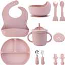 Baby Feeding Set, 13PCS Silicone Baby Self Feeding Set, Toddler Led Weaning Utensils Set with Suction Bowl and Plate, 3 Set of Baby Spoon and Fork, Adjustable Bid, Sippy Cup with Straw and 2 Lids