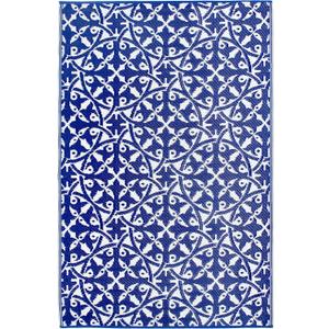 Fab Habitat Outdoor Rug - Waterproof, Fade Resistant, Crease-Free - Premium Recycled Plastic - Spanish Tile Farmhouse - Patio, Deck, Porch, Balcony, Laundry Room - San Juan - Dark Blue - 4 x 6 ft