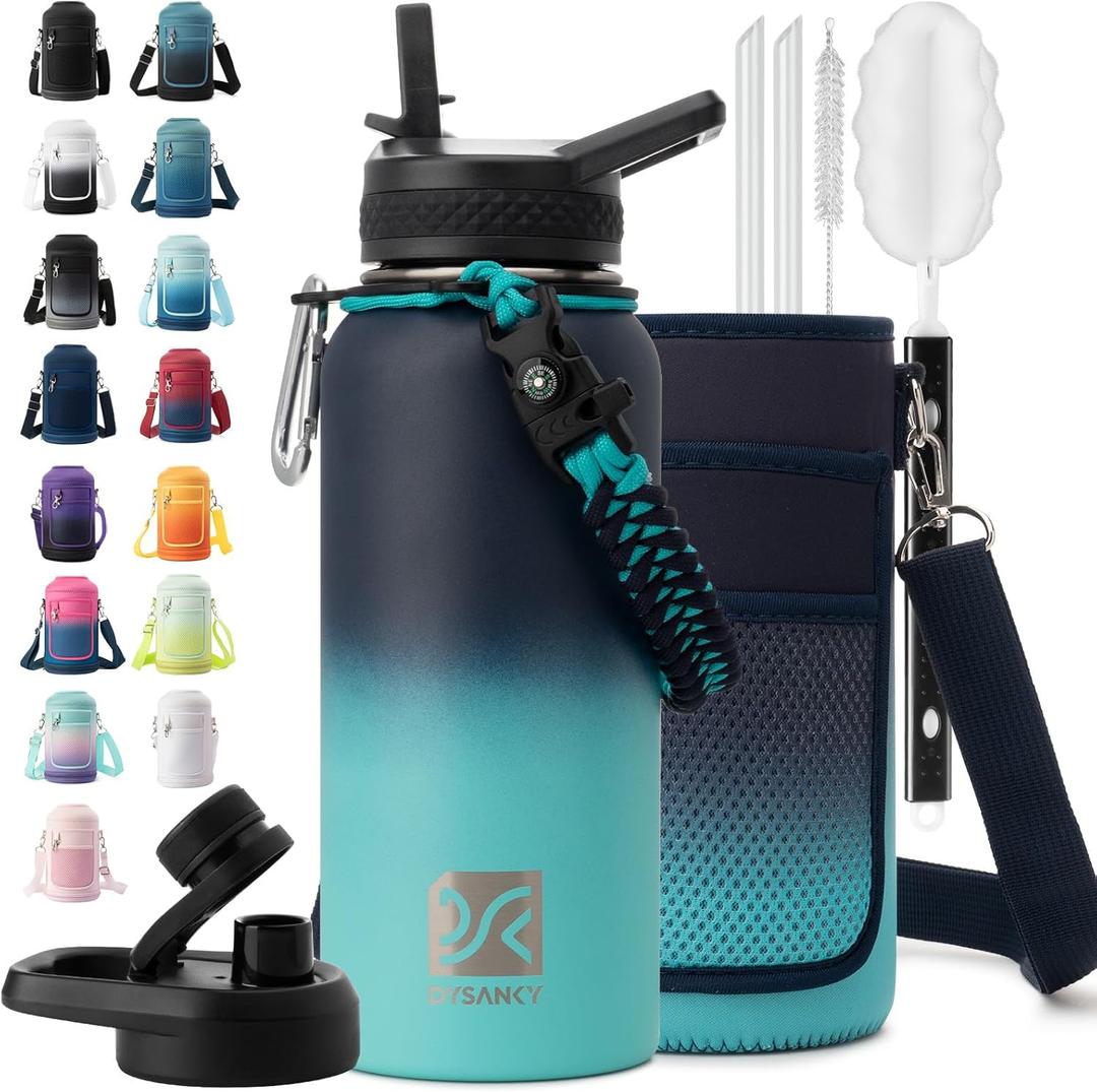 Insulated Water Bottle | Thickened Stainless Steel Vacuum Metal | Portable Sports Water Jug for Gym and Hiking with Straw, Carrier Bag, Handle Strap | BPA-Free 32 oz (Black-Cyan)