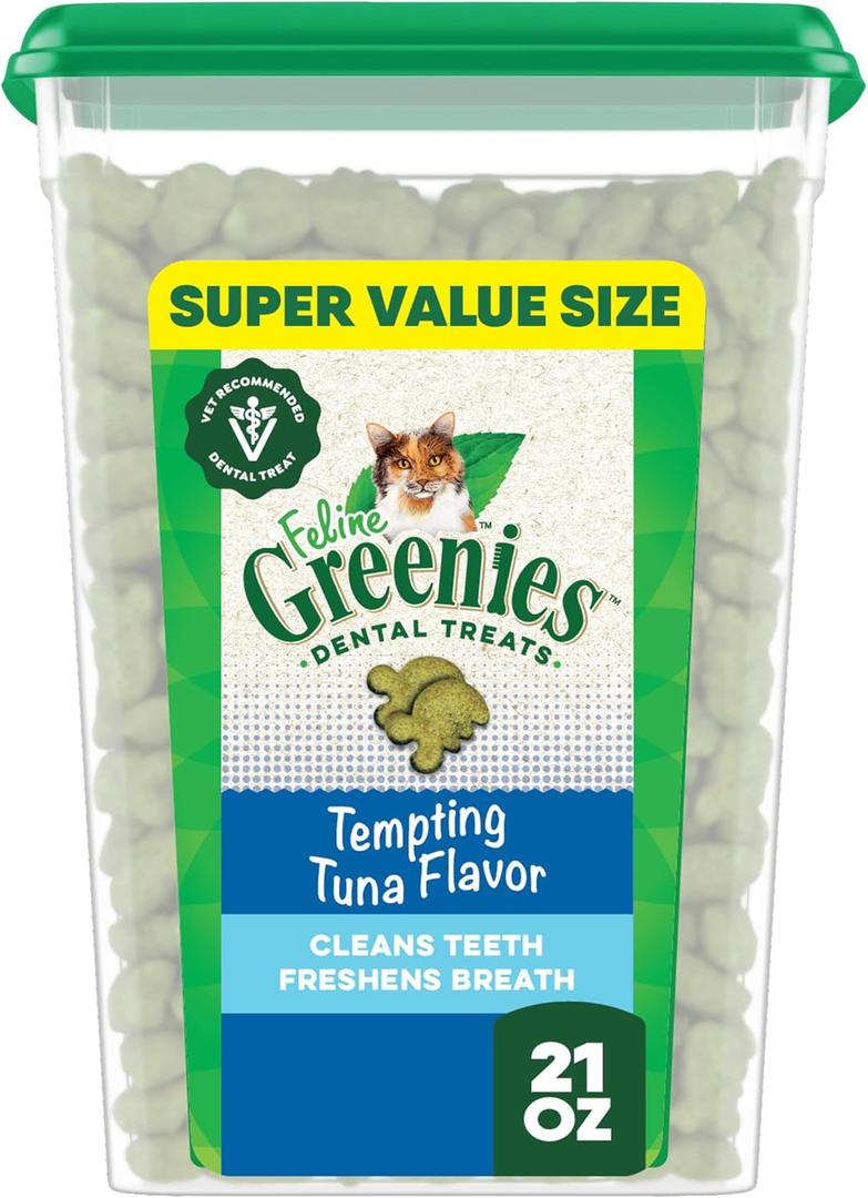 Greenies Feline Veterinarian-Recommended Adult Natural Dental Cat Treats, Tempting Tuna Flavor, 21 oz. Tub (EXP 11/01/26)