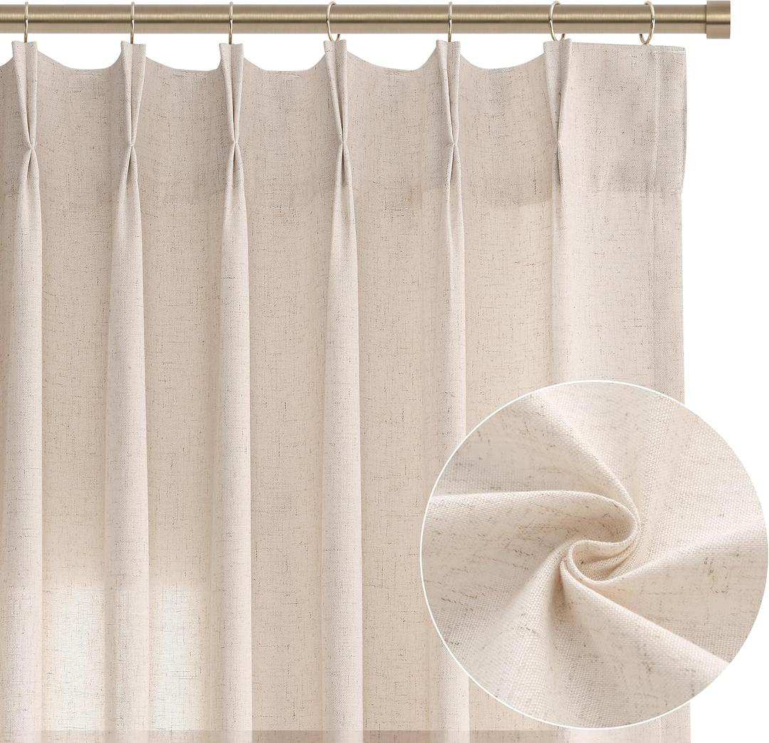 Pinch Pleated Linen Curtains 108 Inches Long 2 Panels Set Living Room Pleat Drapes Light Filter Thick Flax Burlap Texture Semi Sheer Large Window Floor to Ceiling 108 Inch Curtains 9 FT Cream Beige