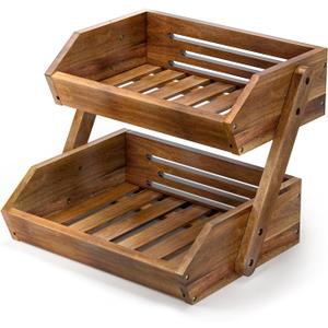 G.a HOMEFAVOR Fruit Basket: 2-Tier Acacia Wood Fruit Bowl for Kitchen, Fruit Stand Storage Holder for Vegetables and Snack Home Kitchen Countertop Organizer (Self-assembly)