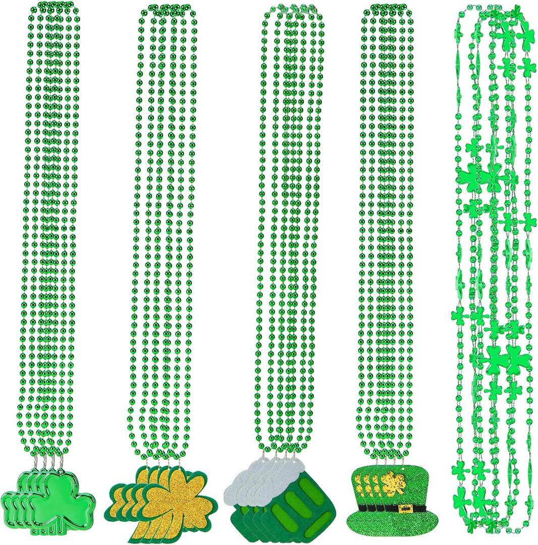 Labrostar 20Pcs St Patricks Day Accessories St Patricks Day Decorations Shamrock Green Day Beaded Necklace for Irish Party Decor Supplies