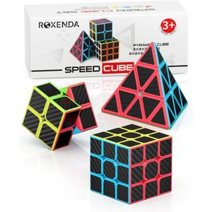 ROXENDA Speed Cube Set, Magic Cube Set of 2x2x2 3x3x3 Pyramid Cube Smooth Puzzle Cube (Carbon Fiber)