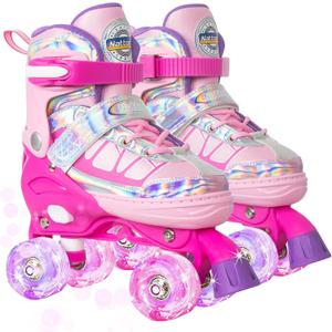 Nattork Roller Skates for Kids Boys Girls, 4 Size Adjustable Rollerskates with Light Up Wheels for Children Beginners for Outdoor Indoor (Large (3-6), Rose Red)