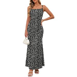 Women Sleeveless Spaghetti Strap Floral Maxi Dress Ruched Bodycon Beach Wedding Guest Backless Long Slip Dresses (Black, XS)