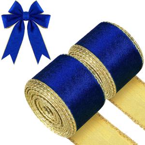 WILLBOND 2 Rolls Christmas Velvet Ribbon Wired Edge Trim Wrapping Fabric Ribbon for Gift Wrapping Bow Making and DIY Crafts Garland Wreath Tree Topper Decor(2.5 Inch X 6 Yards,Navy Blue)
