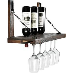 WELLAND Wall Mounted Wine Rack with Glass Holder, Floating Wine Shelf & Glass Rack Set for Home & Kitchen Decor, Rustic, 12x 24 x 10 inches