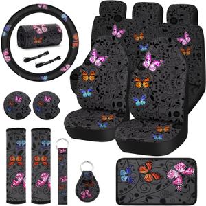 15 Pcs Butterfly Car Seat Covers Full Set for Car Front Rear Seat Covers Steering Wheel Cover Wrist Strap Coasters Armrest and Shoulder Pads (Classic Butterfly Style)