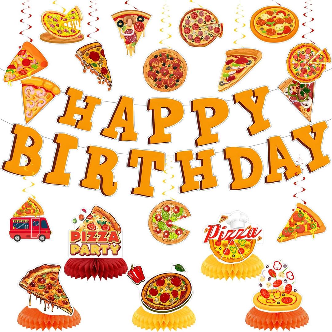 Pizza Party Decorations Pizza Game Birthday Party Decor Supplies Includes Happy Birthday Banner Military Hanging Swirls Camoflage Honeycomb Centerpiece