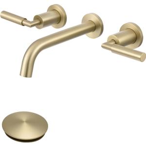 RBROHANT Gold Wall Mount Faucet with Pop up Drain Set for Sink Without Overflow, Brushed Gold Dual Handle Wall Mounted Bathroom Sink Faucet, Brass Rough-in Valve Included, RB0736D