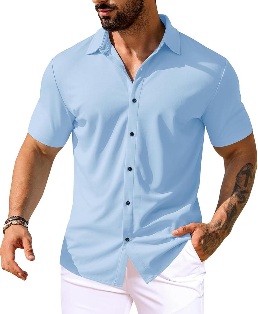 URRU Men's Muscle Dress Shirts Short Sleeve Stretch Casual Button Down Shirts Wrinkle Free Slim Fit Dress Shirt for Men (Medium, Light Blue)