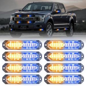 8-Pcs 12 LED Sync Feature Emergency Strobe Grille Lights Ultra Slim Surface Mount Hazard Warning Flashing Light Bar for Firefighter/Construction/Police/Trucks/Vehicles/Car/SUV (Blue/Amber)