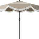 Tempera 9ft Auto Tilt Scalloped Patio Umbrellas with Fringe, Outdoor Table Umbrellas with Fade Resistant Canopy, 8 Sturdy Rids, Luxurious Vintage Umbrellas for Lawn, Pool, Deck, Balcony (Khaki)