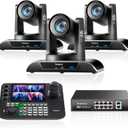 Tenveo 4K 20X NDI PTZ Camera with AI Humanoid & Face Auto-Tracking HDMI/USB3.0/LAN(PoE) (3pcs) and 7’’ LCD Quad-Screen NDI PTZ Joystick Controller and 8 Port PoE Switch Bundle/Kit for Live Production