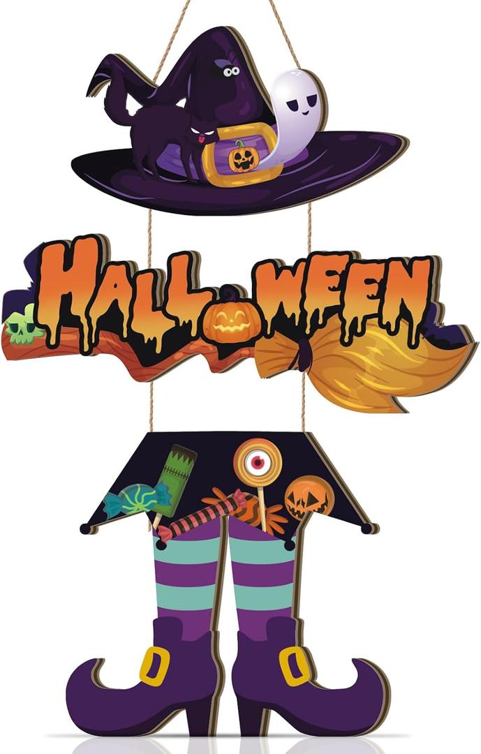 Halloween Witch Legs Hat Wooden Hanging Sign, Trick Or Treat Door Decor, Spooky Ghost Decor, 11.42X11.42 inch, Wood (Colourful Magic Hat)
