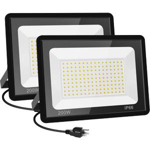 200W LED Flood Lights 2 Pack, 3000K Warm White Security Lights, Outdoor IP66 Waterproof, Backyard Garden Garage
