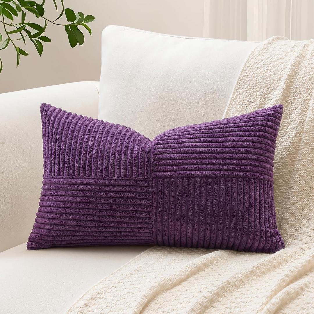 OTOSTAR Set of 1 Decorative Throw Pillow Cover Soft Corduroy Solid Lumbar Pillow Case Boho Striped Cross Patchwork Textured Cushion Cover for Sofa Car Patio Bedroom Living Room 12x20 Inch, Purple