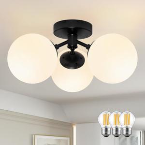 3 Light Mid Century Modern Black Semi Flush Mount Ceiling Light Milk Glass Globe Ceiling Lights Black Chandelier 3 Light Sputnik Ceilings Light Fixture for Bedroom Living Room Hallway Entryway