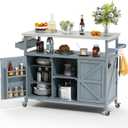 Outdoor Grill Cart, Stainless Steel Tabletop Outdoor Kitchen Island, Solid Wood Outdoor Buffet Cabinet with Lockable Wheels for Grilling, Gray-Blue