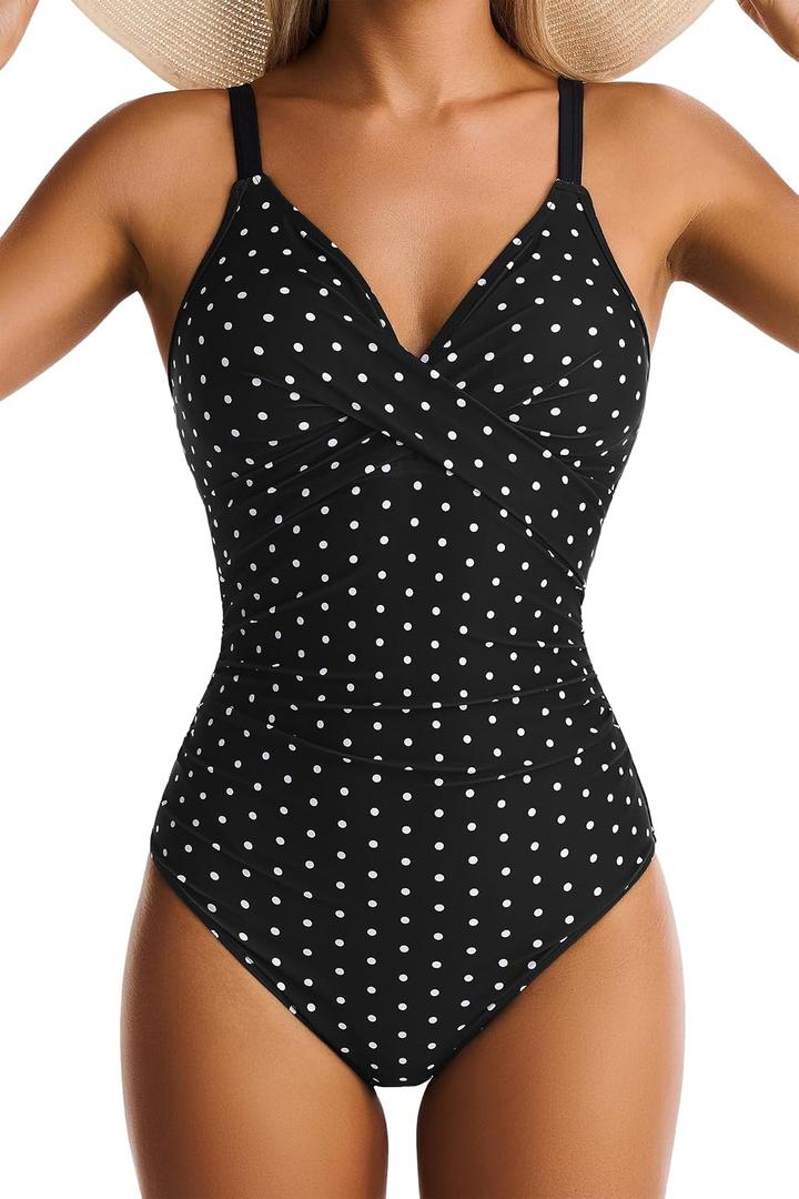 Women's One Piece Swimsuits Tummy Control Lace Up Bathing Suits V Neck Slimming Swim Suit Front Cross Wrap Swimwear (Black, M)