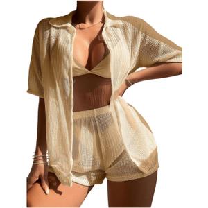 SHENHE Women's Sheer Swim Cover Up 2 Piece Set Kimono Shirt and Shorts Bikini Coverup (Medium, Apricot)