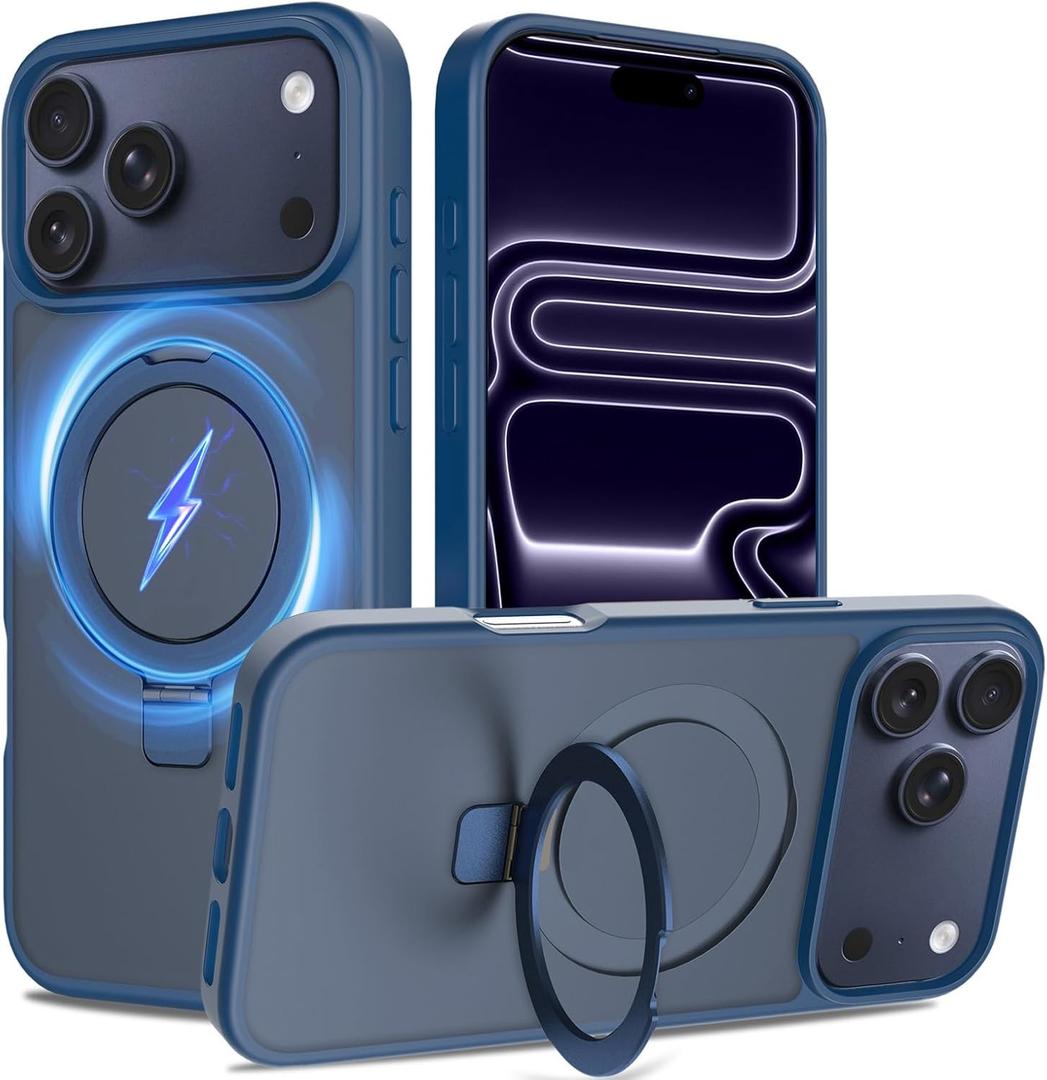 Ultra-Magnetic Stand for iPhone 17 Pro Max Case [Military Drop Protection] [Compatible with MagSafe] Shockproof Translucent Matte Slim Ring Holder Case for iPhone 17 Pro Max (Blue)