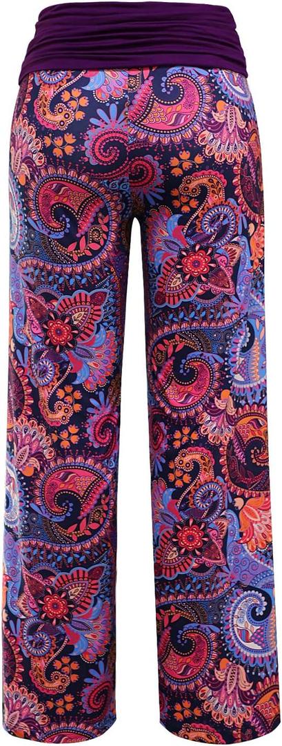 Gracyoga Women's Comfy Pajama Pants Wide Leg Lounge Palazzo Yoga Pants Stretch Casual Floral Print Fold Waist Pants, L, Purple Paisley