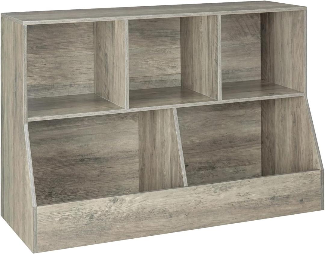 DINZI LVJ Toy Storage Organizer, Kids Bookshelf, Wood Toy Storage Cabinet, 5 Cubby Children Bookcase, 43.3" L Toddler Book Shelf for Playroom, Living Room, Nursery, Hallway, School, Gray Wash